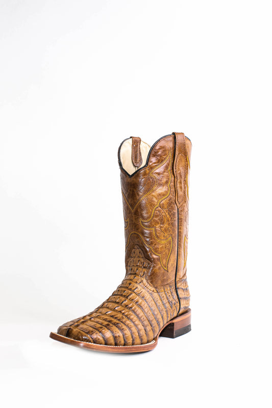 Vaquero Bronco African Printed Caiman Tail Honey Plaza Boot