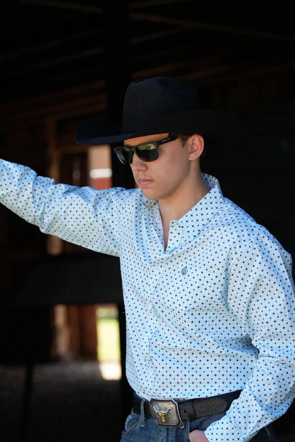 Light Blue Geometric Star Button Up SKCL2023171