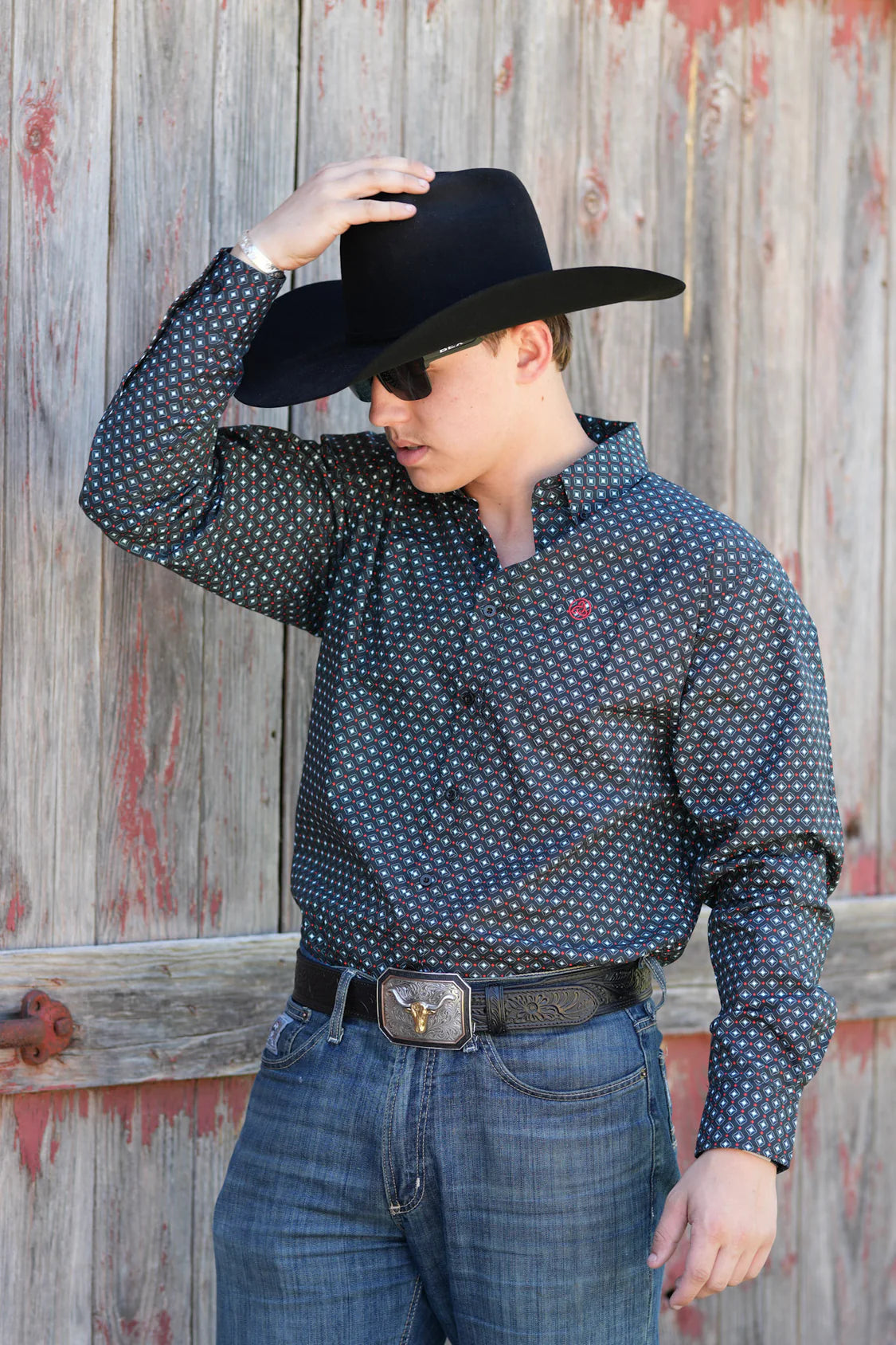 Black Geometric Button Up SKCL2023155