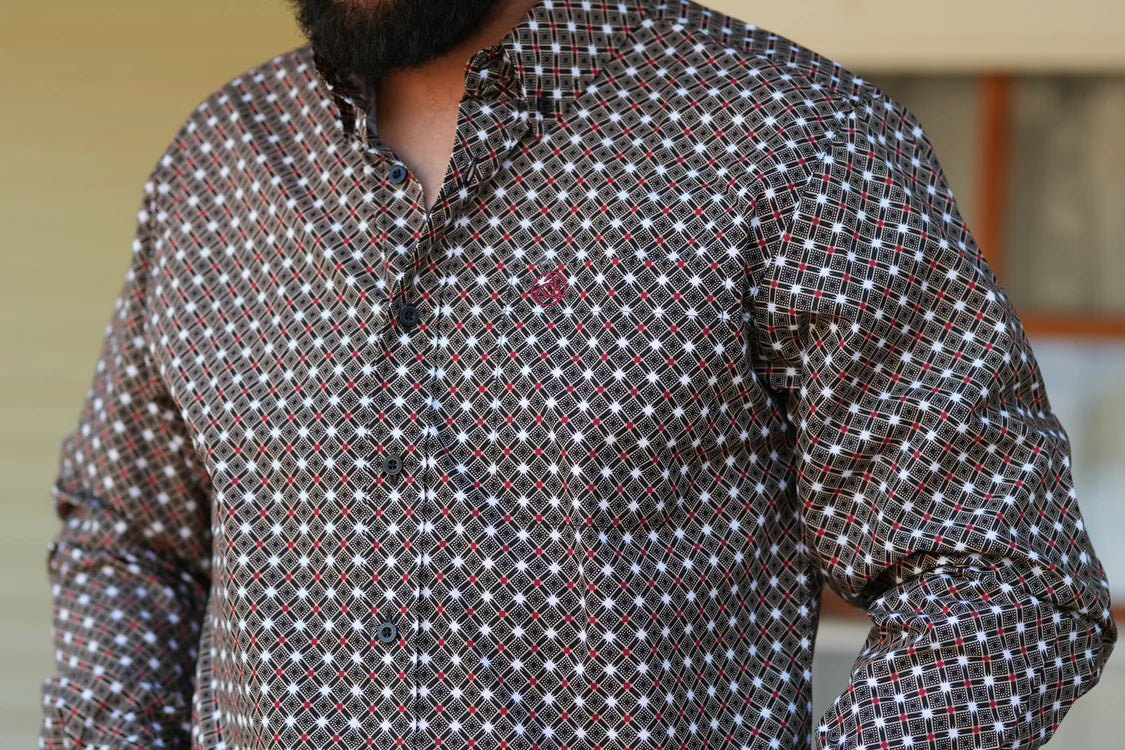Blue & Brown Geometric Button Up SKCL2023170