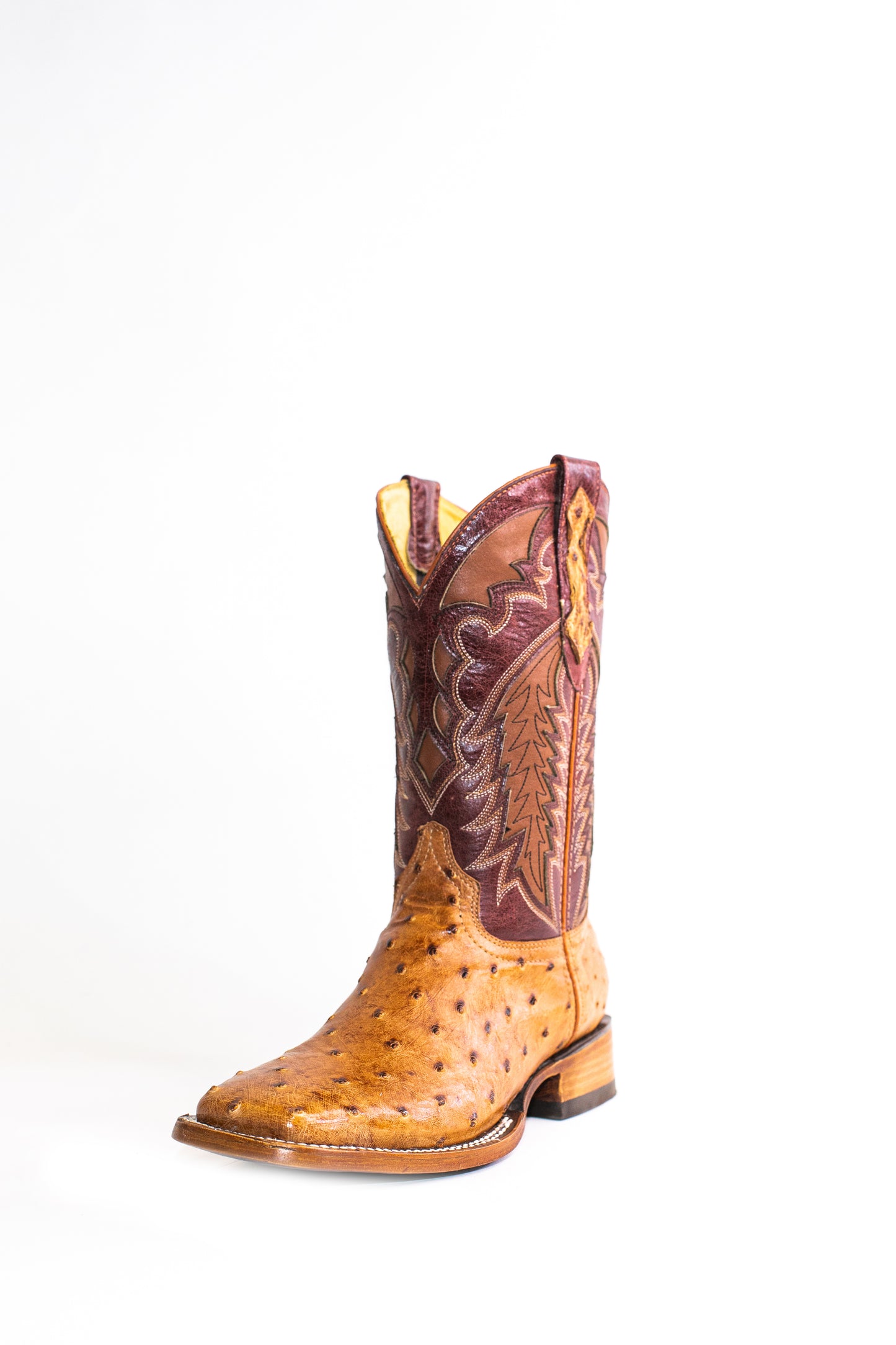 Vaquero Bronco Brandy Bruciatto Exotic Ostrich Leather Square Toe Cowboy Boots