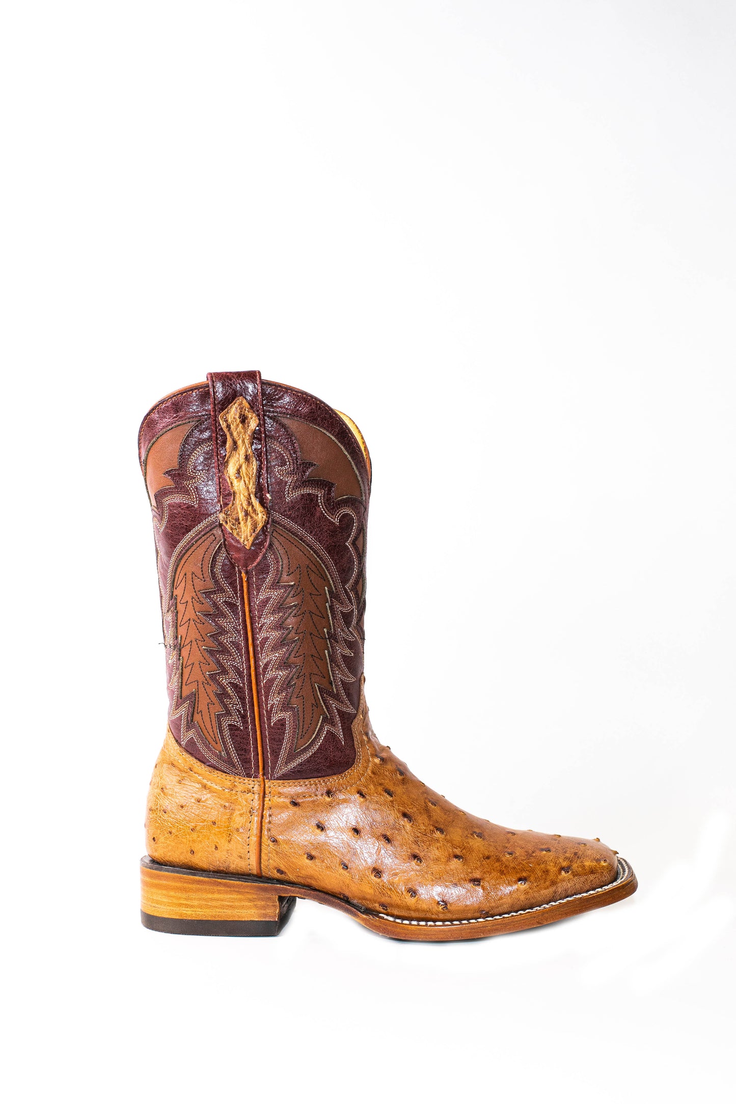 Vaquero Bronco Brandy Bruciatto Exotic Ostrich Leather Square Toe Cowboy Boots