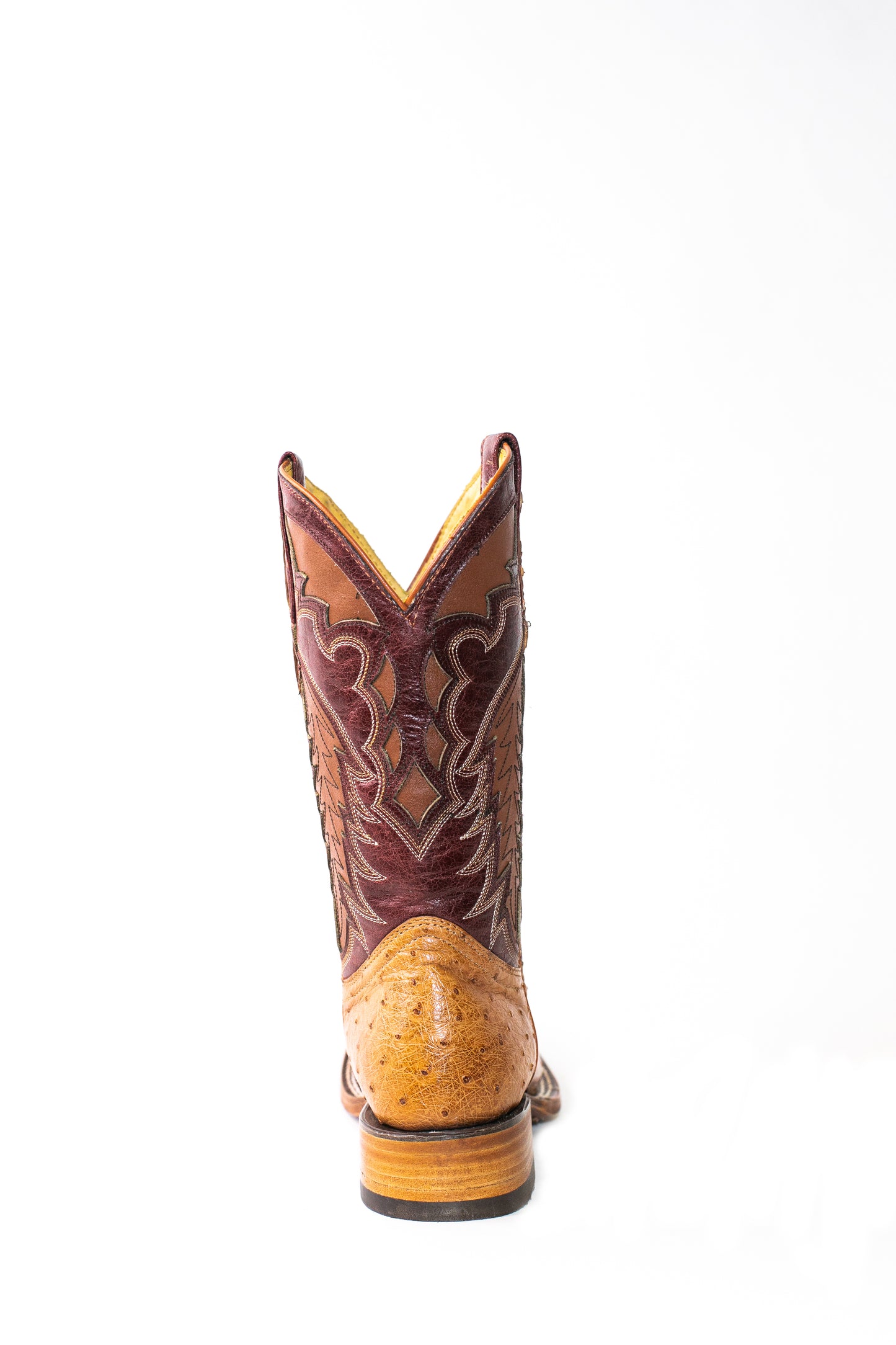 Vaquero Bronco Brandy Bruciatto Exotic Ostrich Leather Square Toe Cowboy Boots