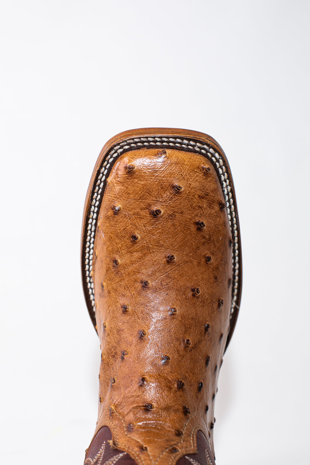 Vaquero Bronco Brandy Bruciatto Exotic Ostrich Leather Square Toe Cowboy Boots