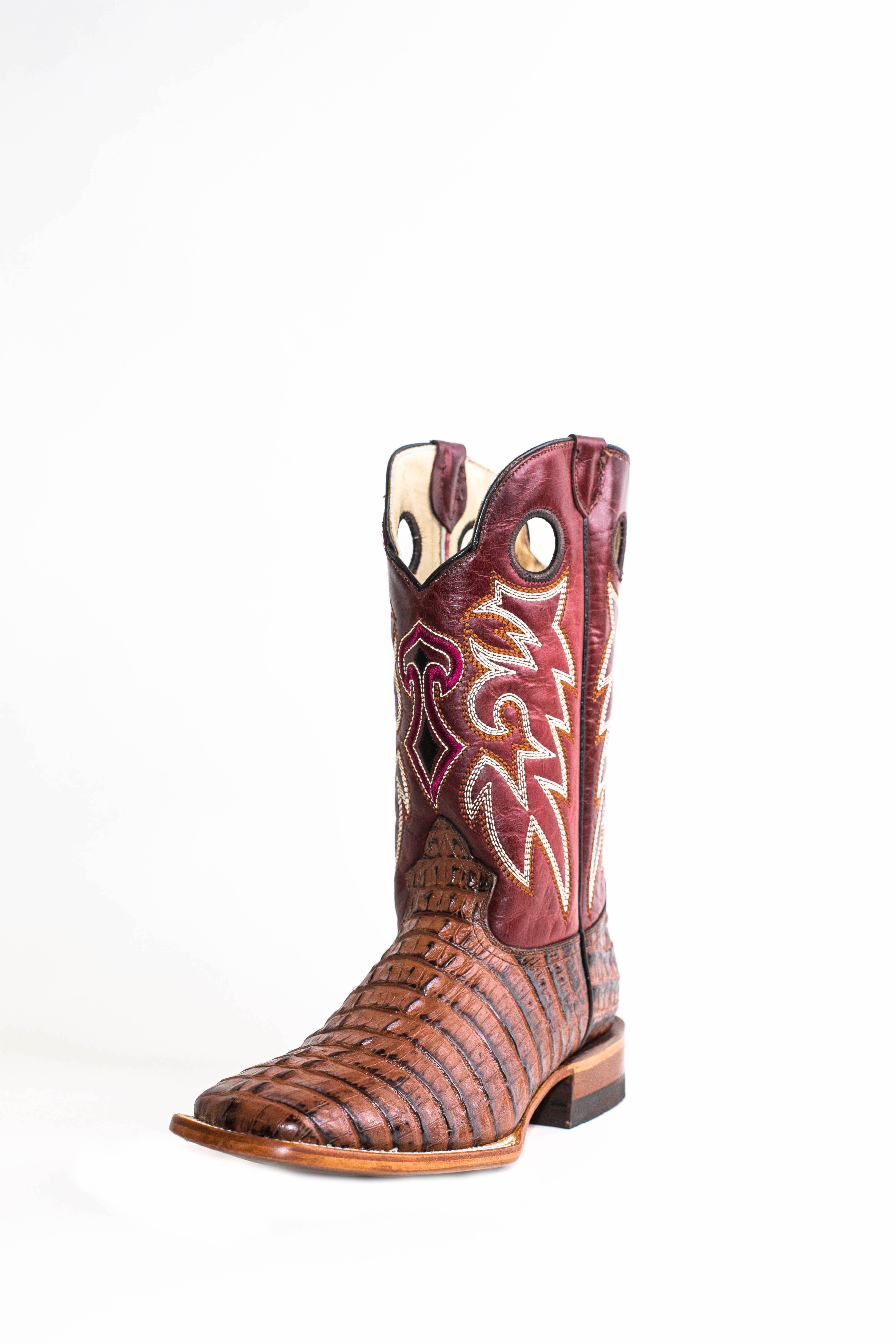 Vaquero Bronco African Printed Caiman Wine Tail Boot