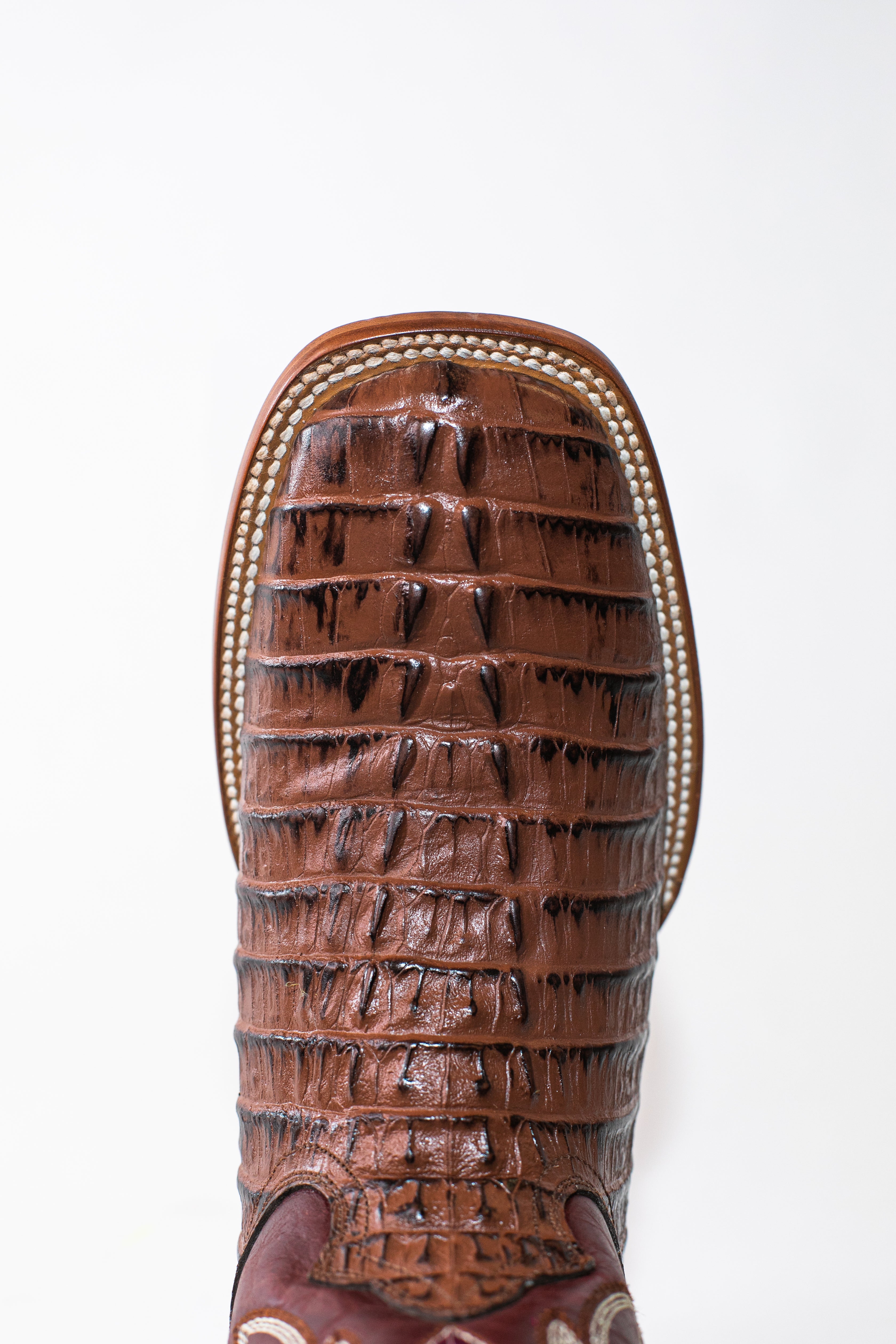 Vaquero Bronco African Printed Caiman Wine Tail Boot