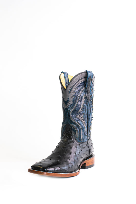 Vaquero Bronco Black Exotic Ostrich Leather Square Toe Cowboy Boots