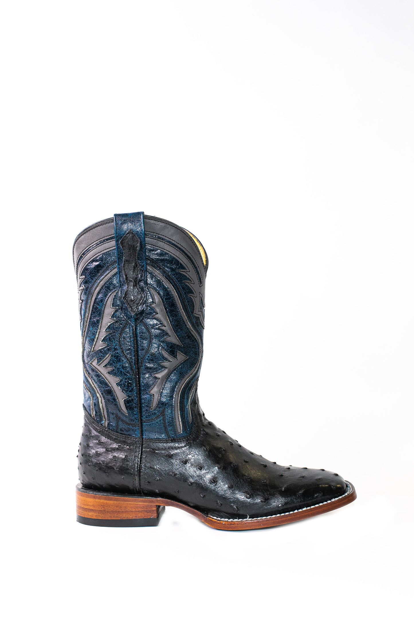 Vaquero Bronco Black Exotic Ostrich Leather Square Toe Cowboy Boots