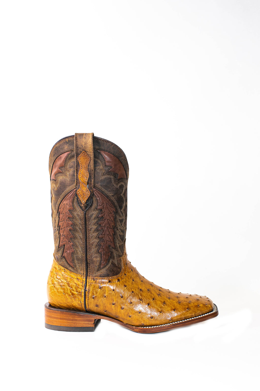 Vaquero Bronco Antique Saddle Exotic Ostrich Leather Square Toe Cowboy Boots