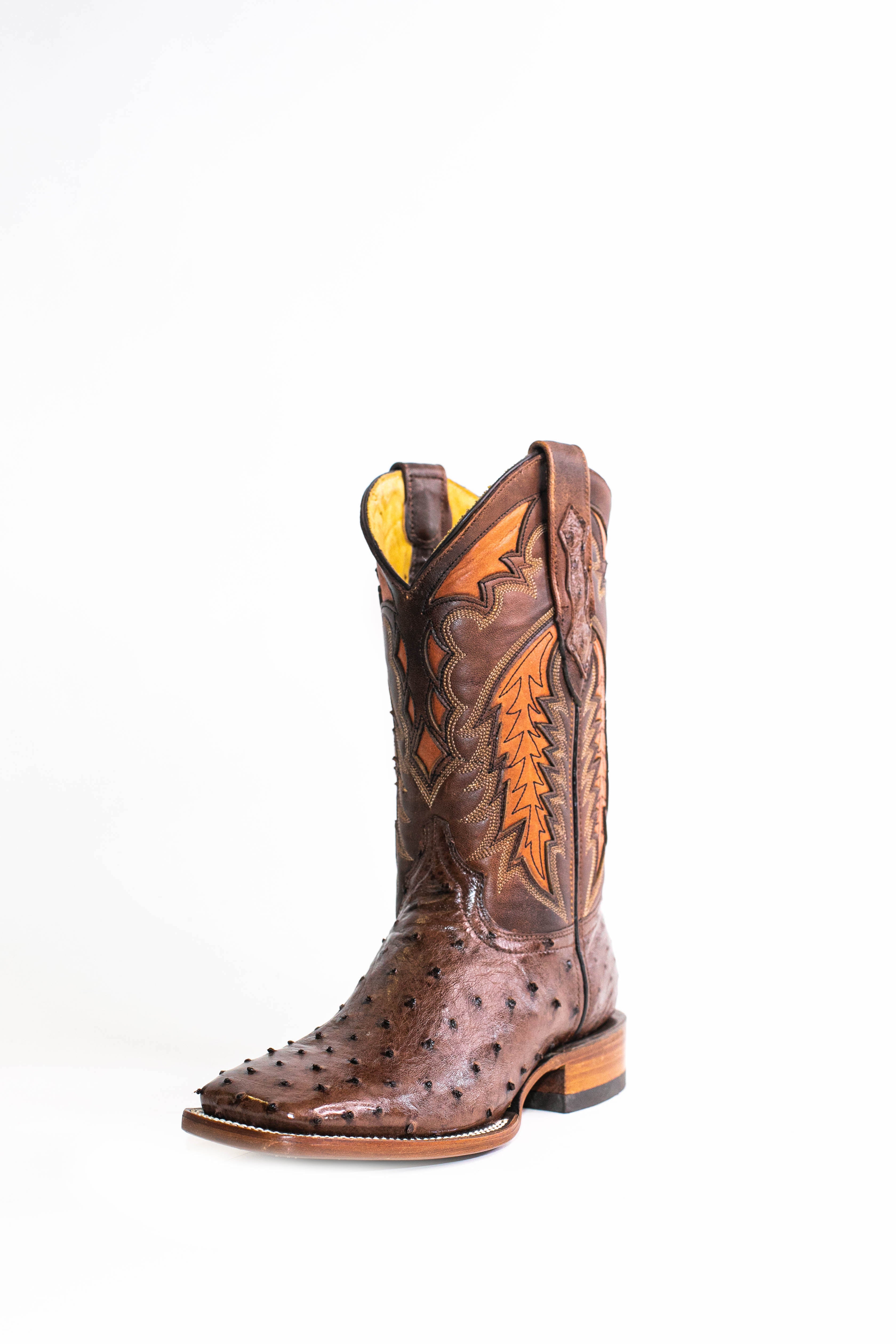 Vaquero Bronco Kango Tabaco Exotic Ostrich Leather Square Toe Cowboy Boots