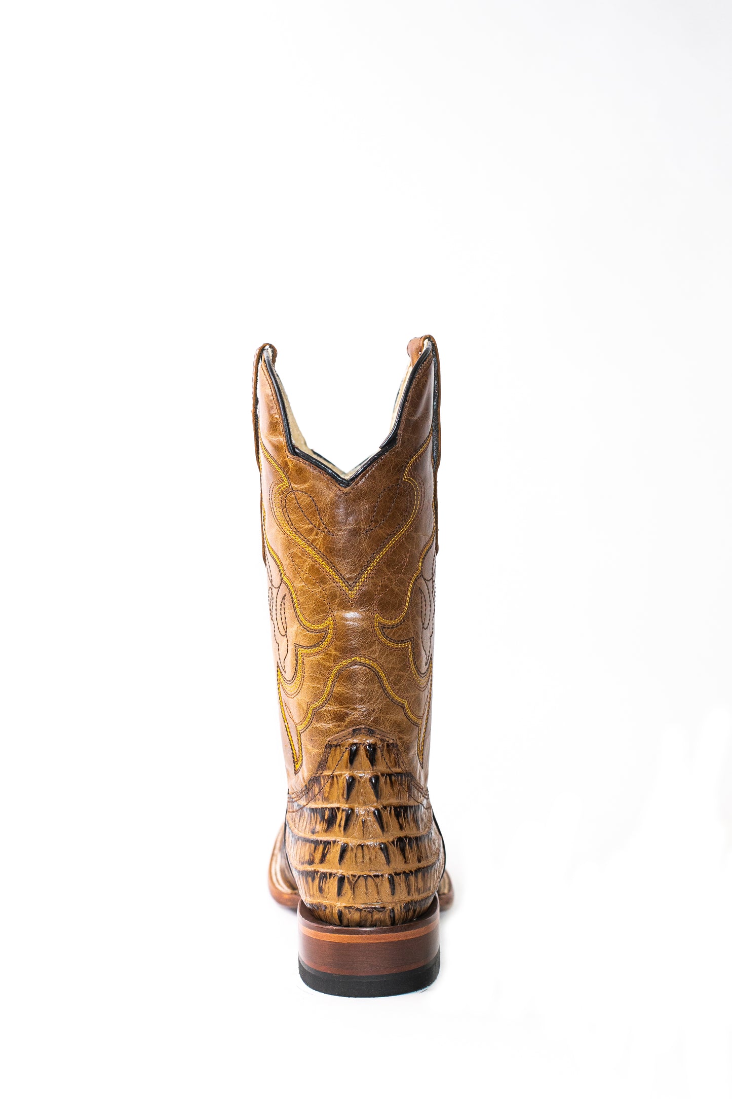 Vaquero Bronco African Printed Caiman Tail Honey Plaza Boot