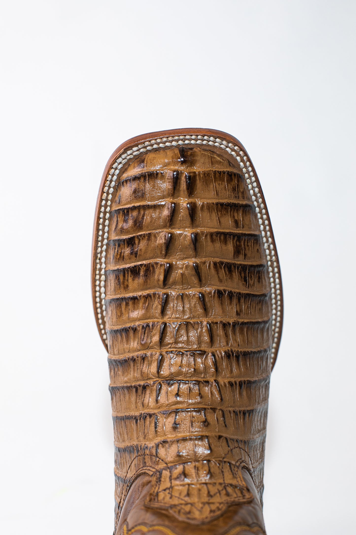 Vaquero Bronco African Printed Caiman Tail Honey Plaza Boot