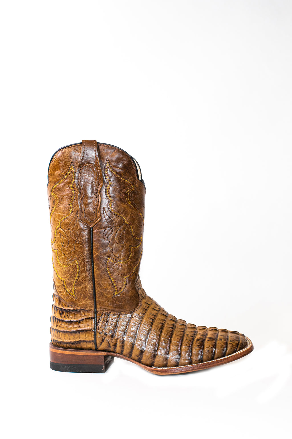 Vaquero Bronco African Printed Caiman Tail Honey Plaza Boot