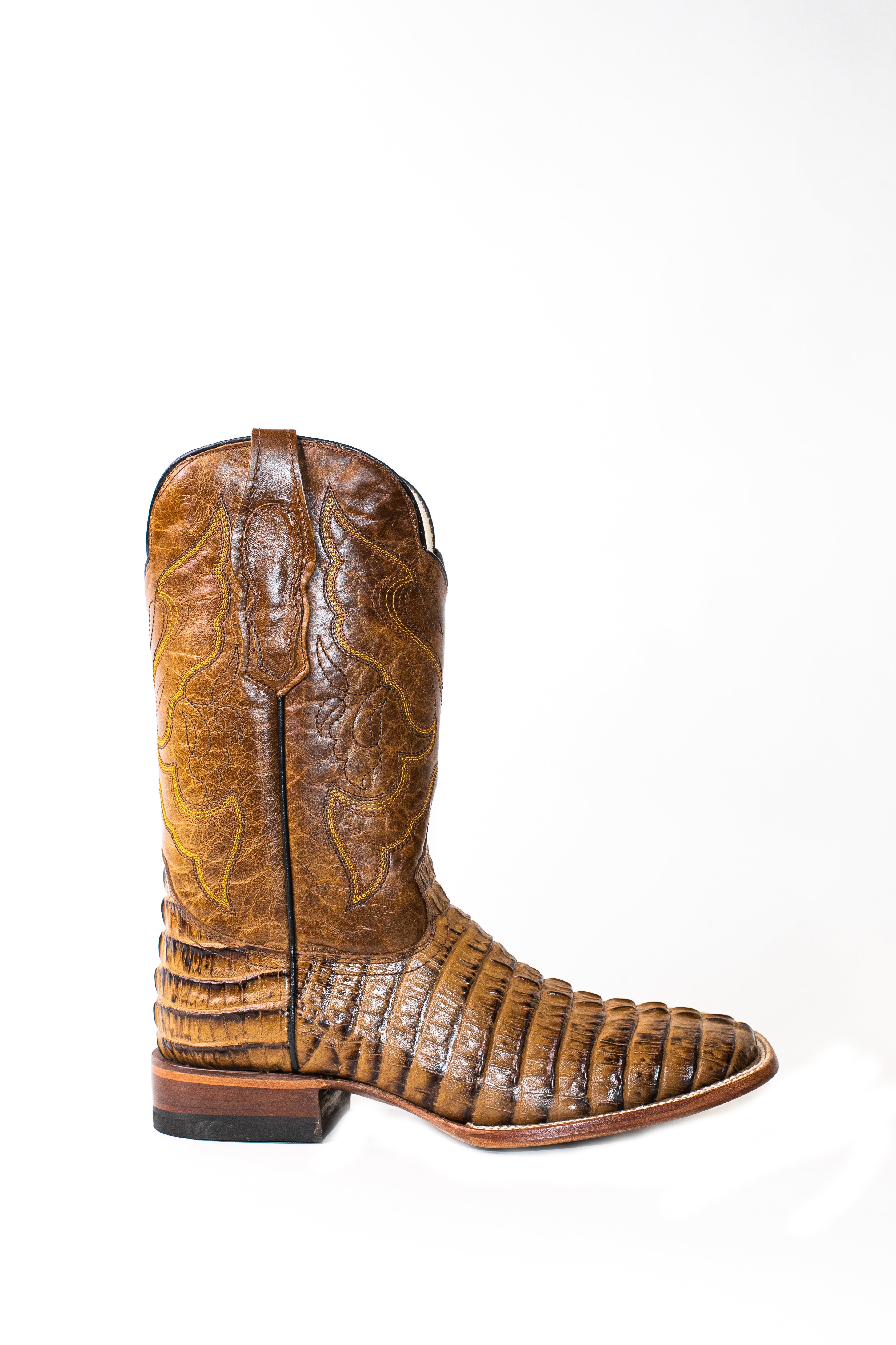 Vaquero Bronco African Printed Caiman Tail Honey Plaza Boot